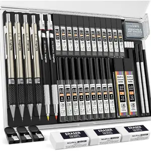 37PCS Art Mechanical Pencil Set, 4PCS Metal Drafting Pencil 0.3mm, 0.5 mm, 0.7 mm, 0.9 mm & 2PCS 2mm Lead Holder (6B 4B 2B HB 2H 4H Colors) For Sketching Drawing With 23 Tube Lead Refills Case