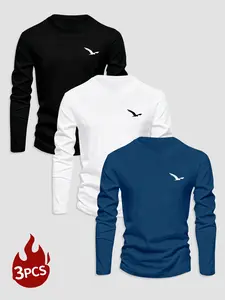 Men's Classic 3-Piece Set Bird Pattern Print Long Sleeve Knit T-Shirt, Casual Fitted Bottom Layer Clothing, Spring & Fall Fashion