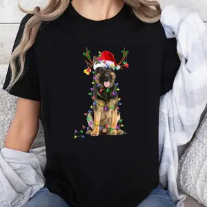 100% Cotton Unisex German Shepherd Dog Tree Christmas Lights Dog Lover Pajama T-Shirt