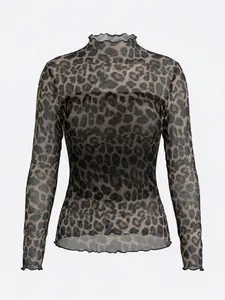 2026 Avant-garde Women's Leopard-Print Mesh Two-Piece Set: Long-Sleeve, High-Neck Sheer Layered Top with a Black Strapless Tank Top Underneath, Combining Street Style and Y2K Aesthetics