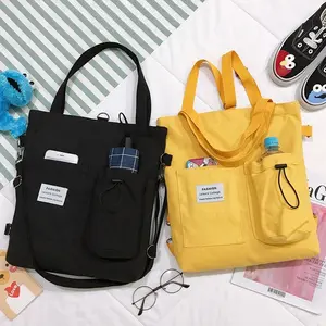 Harajuku Preppy Women's Canvas Bag, Student Schoolbag with Pockets, Convertible Handbag-Shoulder Backpack