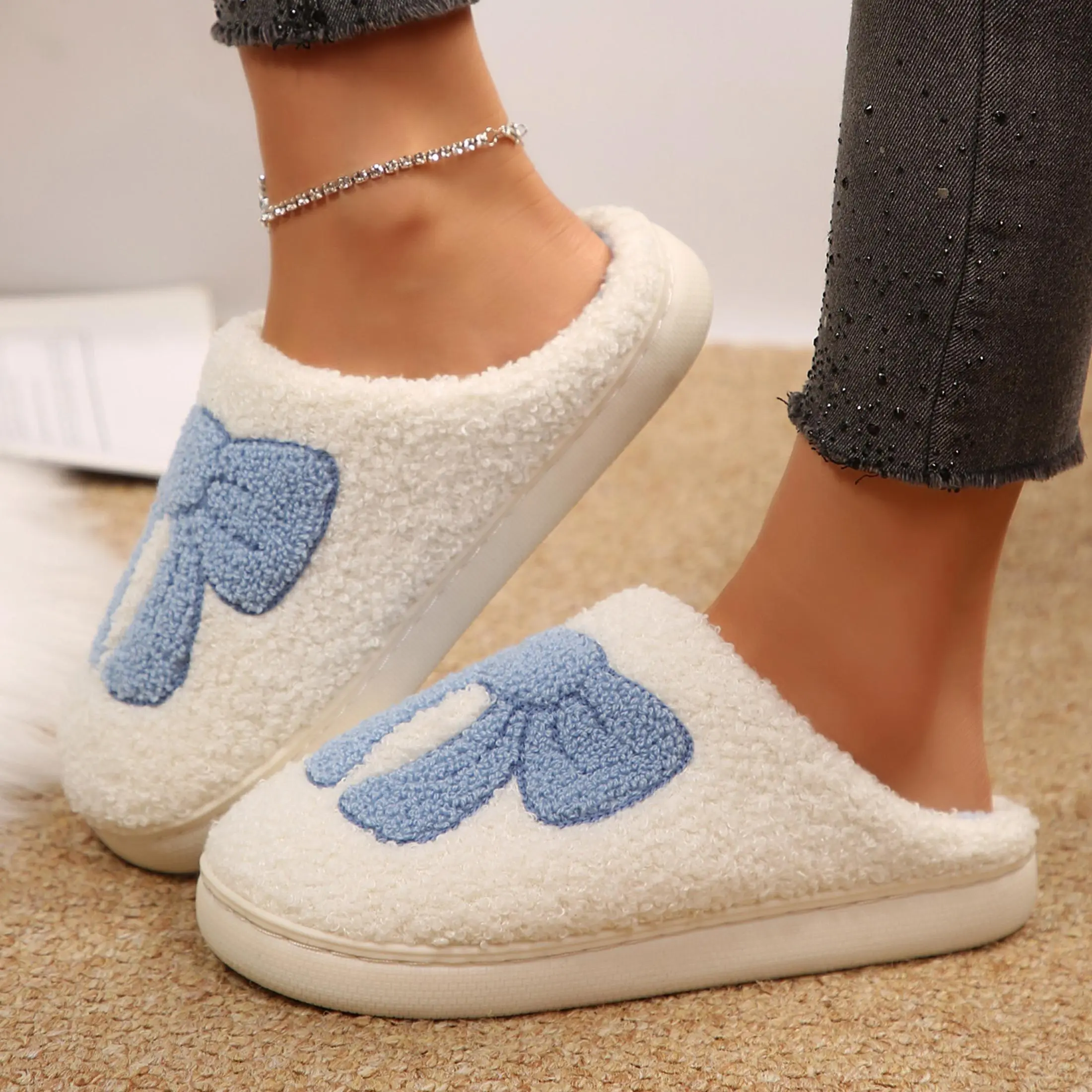 Womens Slippers Retro Memory Foam Cute Cartoon Plush Fluffy Warm slippers Indoor House Home Winter Shoes
