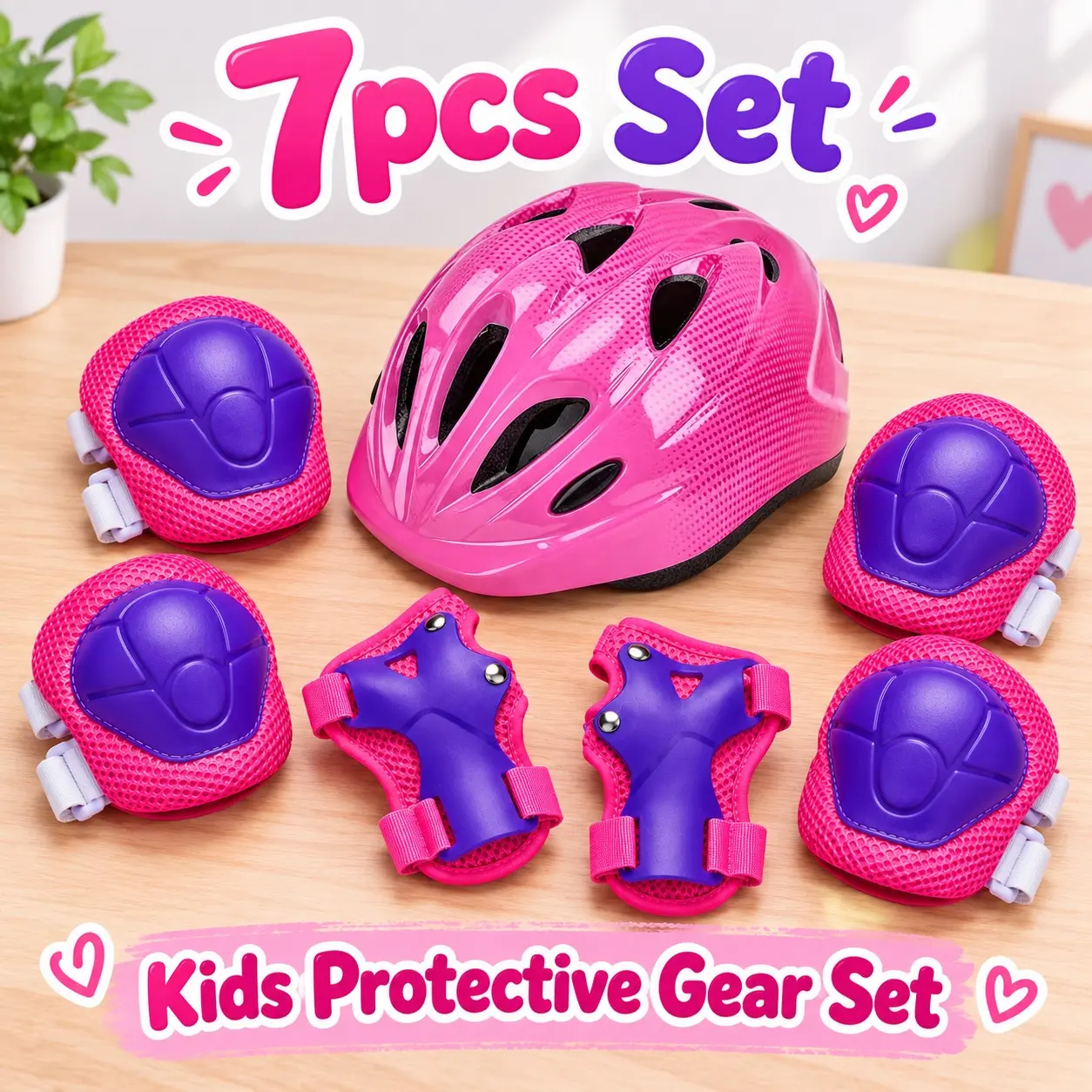 Unisex Kids' 7-Piece Sporty Protective Skating Gear Kit - Streamlined Ventilation Helmet & Pads, Ages 5-10, Head Circumference 20.5-24.4 in, 7-Piece Kit