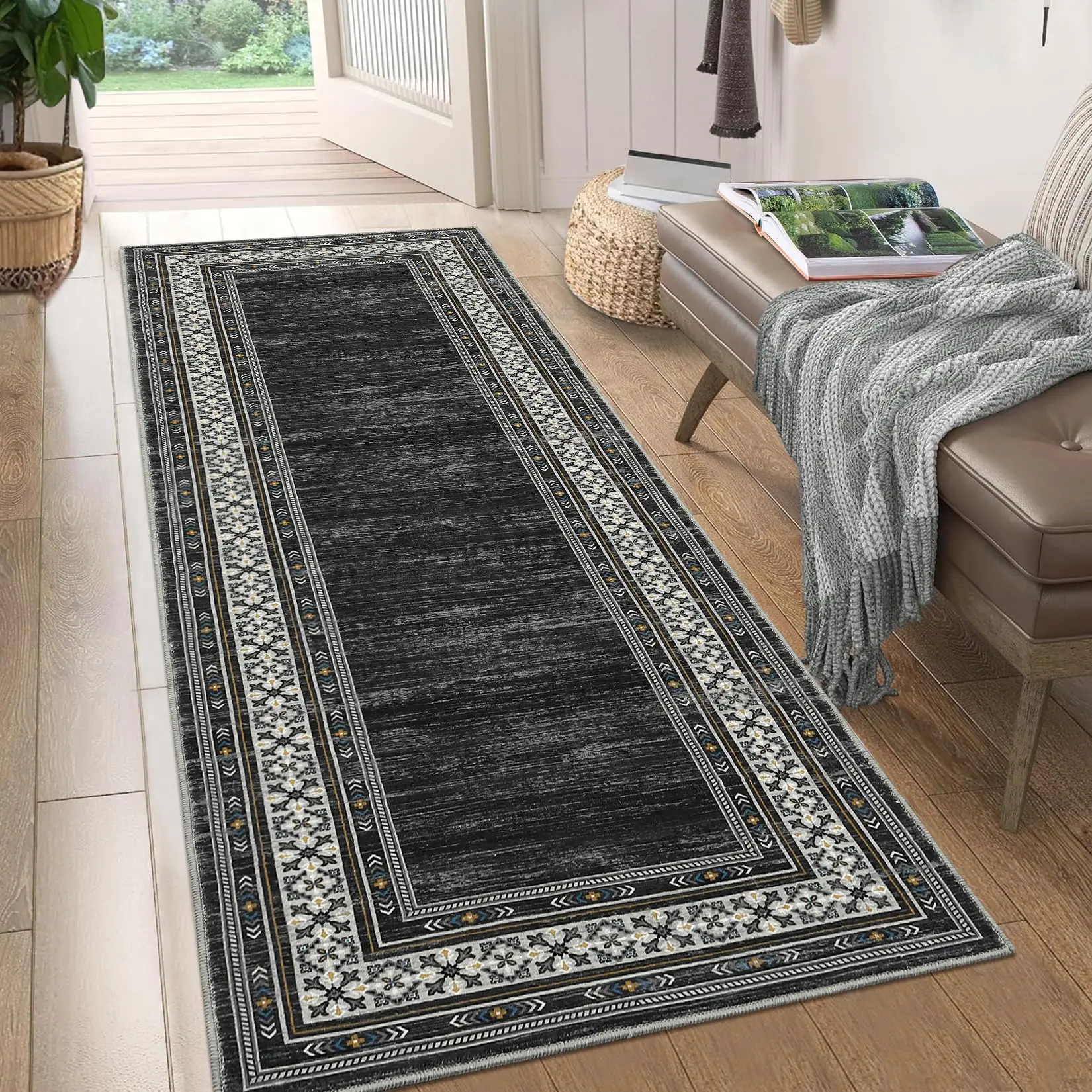 【GARVEE】Runner Rug 2x6 Hallway Runner Washable Non Slip Throw Kitchen Mat Modern Geometric Rugs Soft Low Pile Entryway Mat Distressed Floor Cover Mat for Bathroom Laundry, Black