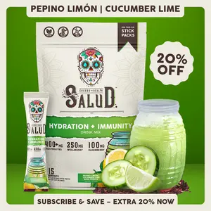 Salud 2-in-1 [Hydration + Immunity - Cucumber Lime] Electrolytes Powder, Agua Fresca Drink Mix, Elderberry, Dairy & Soy Free, Non-GMO, Gluten Free, Vegan, Low Calorie, 1g Sugar (15 Servings)