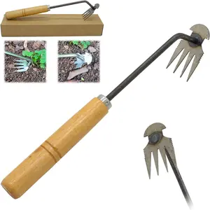 Weeding Artifact Uprooting Weeding Tool,Garden Weeding Tools,Stainless Steel Forged Weed Puller 4 Teeth Dual Purpose Weeder,High Strength Hand Remover Tool for Garden (12 '' Wooden Handle)