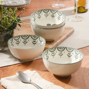 Bloomhouse - 2-Time Oprah’s Favorite Things - Valencia Flor 4 Piece 6” Cereal Bowl Set, Stoneware Bowls, Mediterranean Floral Decal Design, Microwave & Dishwasher Safe, Fern Green