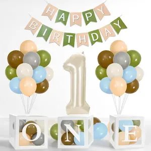 JarThenaAMCS First Birthday Decorations Kit 32 Inch Number 1 Balloon Happy Birthday Banner 12 Inch Green Brown White Balloons with One Boxes for Camper 1 Year Old Birthday Party