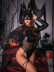 Dark Bunny Cosplay Set, Faux Leather Mesh Bodysuit & Leg Straps, Slim-Fitting Jumpsuit, Party Style, All Seasons, Plain Pattern, Womenswear