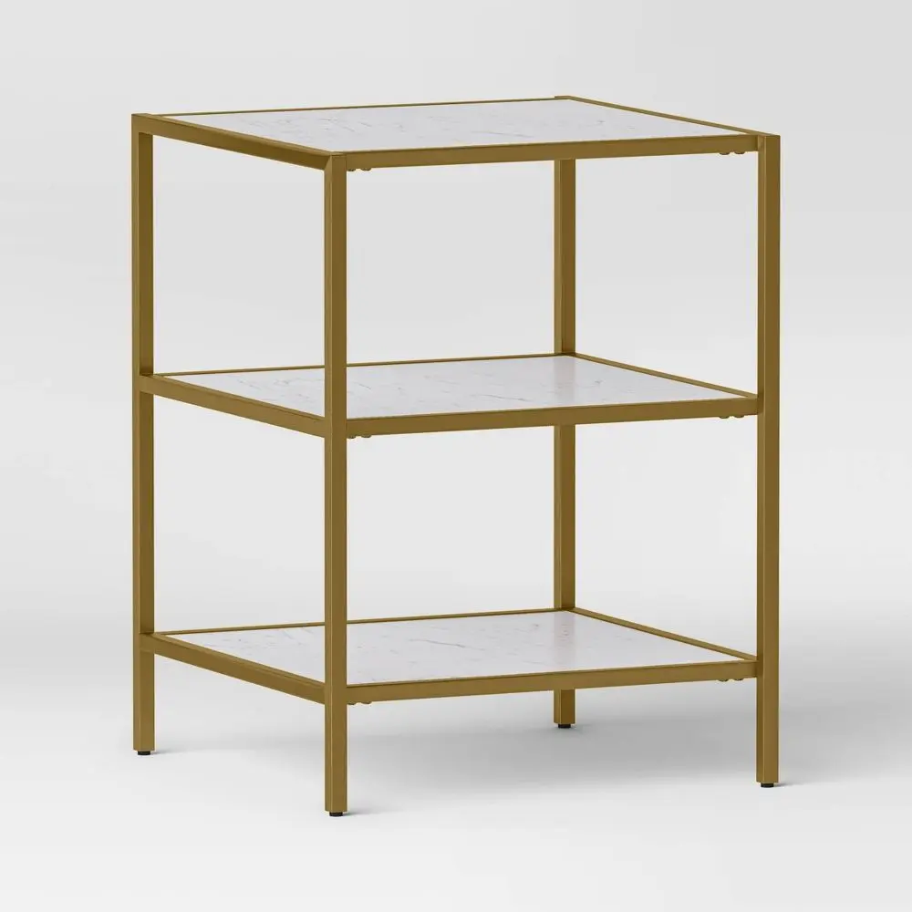Faux Marble and Metal Accent Table Gold - Threshold: Brushed Gold Frame 3-Tier Square Display