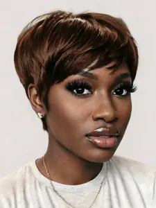 Pixie Wig Burgundy Color, Short Straight Human Hair Wig, Machine Made, Daily Party Use, Stylish Gift for Women
