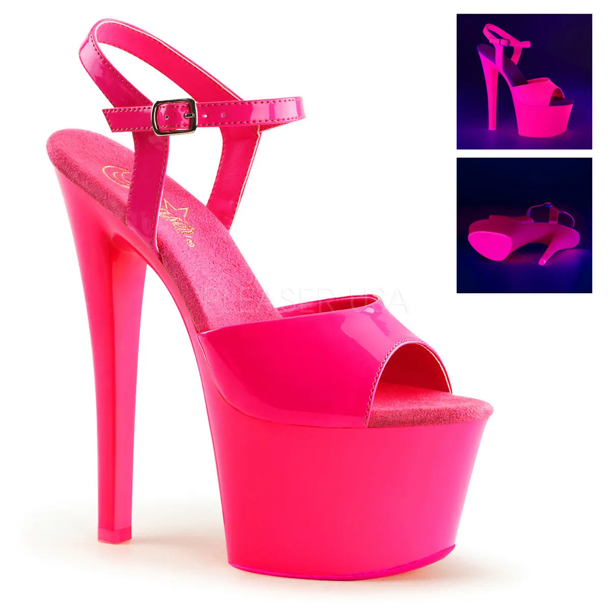 Women's Platform High Heels, Neon Hot Pink Open Toe Ankle Strap Sandals with 7-Inch Heel, UV Glow Reactive for Parties and Performances, High Heel