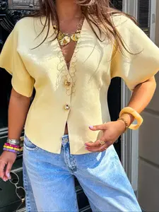 Women's Vintage Solid Color Knit Sweater, Metal Button Details, Shoulder Straps, Elastic Comfort Fit, Casual Fashion Top, Fitted, Metallic