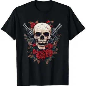 Skeleton Roses - Guns Rock Music Skull Rose T-Shirt -  Cotton Unisex Casual Short Sleeve Tee, Slightly Elastic Round Neck,All-Season Comfort,Halloween Costume