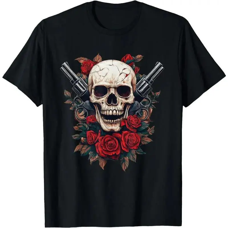 Skeleton Roses - Guns Rock Music Skull Rose T-Shirt - 100% Cotton Unisex Casual Short Sleeve Tee, Slightly Elastic Round Neck,All-Season Comfort,Halloween Costume
