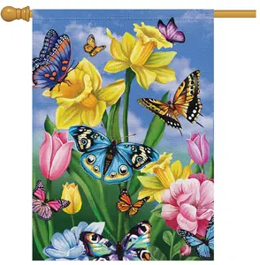 Spring Garden Flag 28x40 Double Sided Vertical Burlap Large Butterfly Floral Flower Welcome Yard House Outdoor Summer Decoration