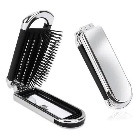 Folding Compact Hair Brush with Mirror, Travel Pocket-size Massage Comb for Hair Styling, Gym, Trips, and Purse, Hair Care Tool