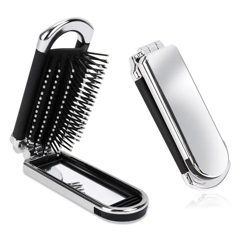 Folding Compact Hair Brush with Mirror, Travel Pocket-size Massage Comb for Hair Styling, Gym, Trips, and Purse, Hair Care Tool