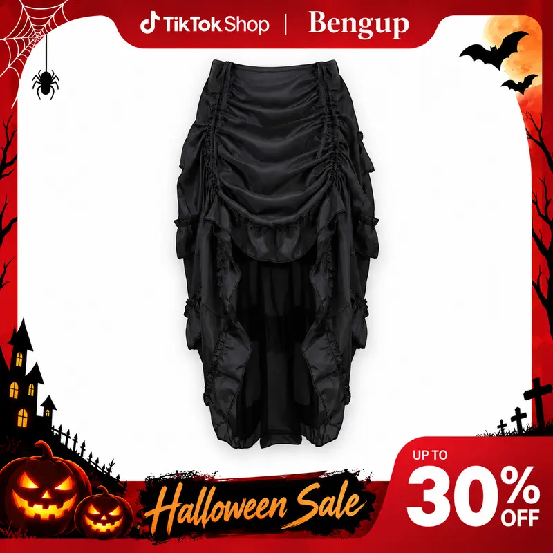 Lady's Victorian Steampunk Pirate High-Low Ruffle Skirt - Gothic Halloween Costume, Light Fitted Basic Seamless Corset-Compatible Fabric, Casual Black 6388 D2, Everyday Wear