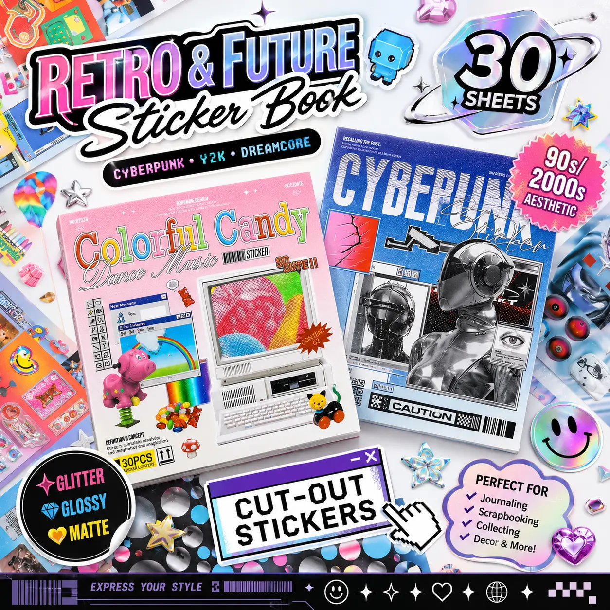 Retro & Future Sticker Book – 30 Sheets Cyberpunk Y2K & Dreamcore Anime, 90s/2000s Aesthetic Futuristic Cut-Out Stickers with Glitter, Glossy & Matte Finishes Vintage Marker Sticky Back Photo,summerwins summerwins