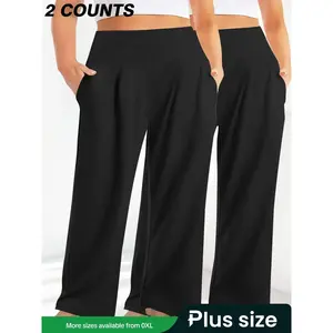 【Plus Size】 Solid Pocket Wide Leg Pants, Casual Loose Pants, Casual Comfy Trousers for Daily Wear, Women's Bottoms for All Seasons