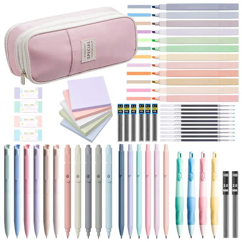 Aesthetic School Supplies Set, Including Highlighter & Gel Pen & Mechanical Pencil & Pencil Case & Accessories, Cute Stationery Set, Writing Utensils, Student Essentials