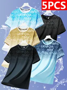 5-Pack Assorted Colors Men’s Summer T-Shirts — Stylish Letter Print Casual Sports Short-Sleeve Tees, Unisex Breathable Crew Neck Short-Sleeve Shirts, Comfortable Stretch Fabric Tops, Suitable for Sports, Outdoor Activities, Fitness Training, Running, and