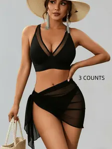 Women's New Pure Color V-Neck Tankini Swimwear Set with Mesh Cover Skirt, Perfect for Beach Sea Pool, Stylish Two-Piece Swimsuit Tankini Swimsuits