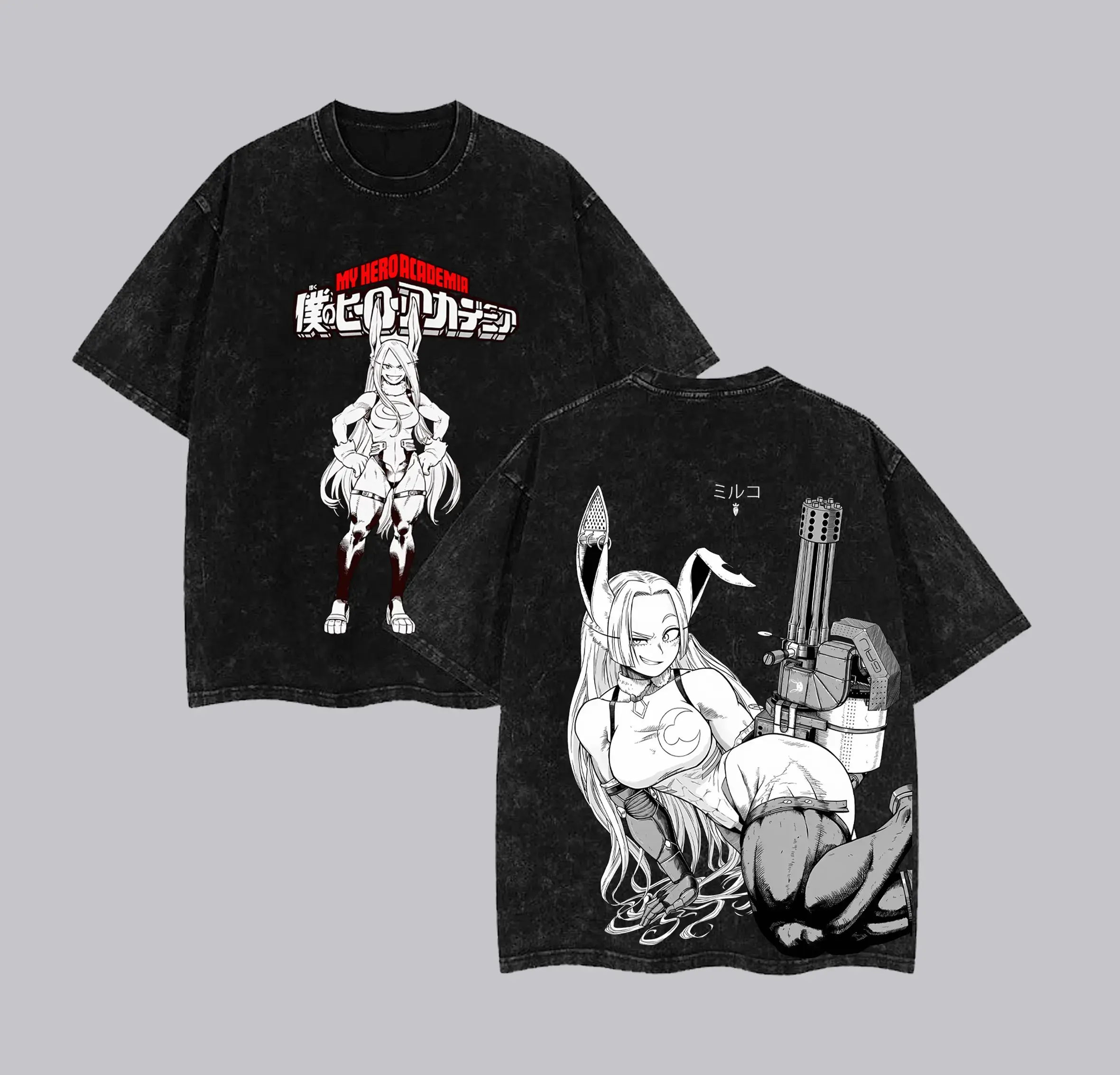 Men's My Hero Academia Mirko Oversized Tee - Classic Seamless Vintage Anime Double Printed Retro Acid Washed Manga Streetwear, Cotton Relaxed Fit Unisex Otaku Fan Gift Soft Short-Sleeve T-Shirt