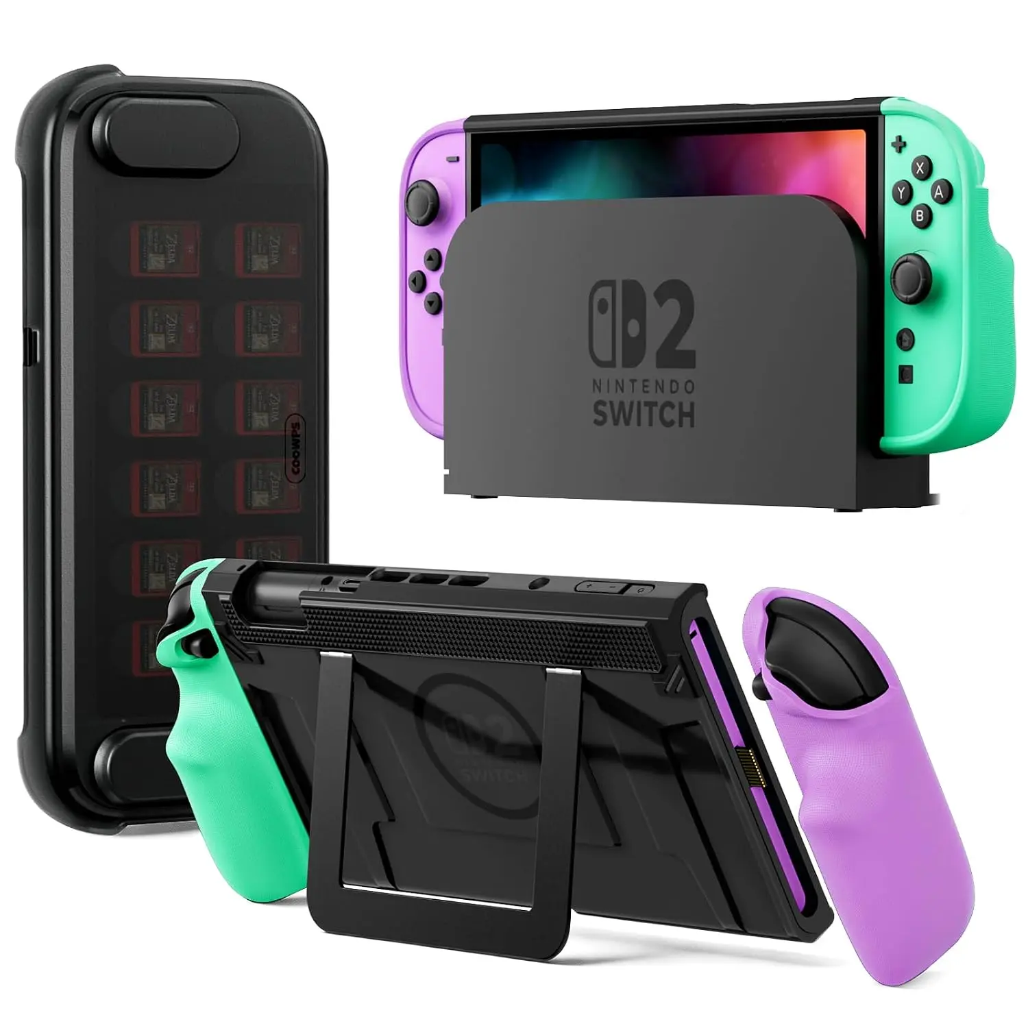 COOWPS P2 Dockable Split Protective Grip Case for Nintendo Switch Console - Adjustable Alloy Stable Kickstand, Firm Joy-Con Lock, Hard Shell Handheld Front Cover, 12 Game Card Slots, Ergonomic Grip, Magnetic Ring, Portable Travel Design