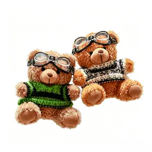 Cute Pilot Teddy Bear Plush Keychain - Soft Stuffed Animal Bag Charm with Goggles & Knit Sweater, Mini Bear Key Ring for Backpack, Car Key, Purse, Kawaii Gift for Girls Teens