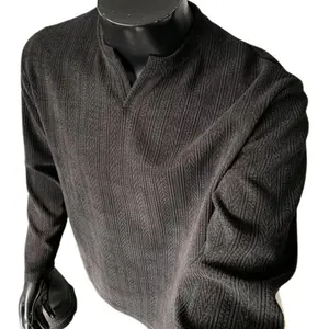 Men's Plain Textured Henley-Collar Long-Sleeve Tshirt, Menswear Top - Premium Casual Fashion Base Layer