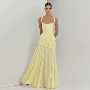2026 Elegant Solid Color Low-Cut Ruched Strap Waist-Cinching Backless Dress for Evening Gowns or Sister Gatherings, the fabric is stretchy, soft, and odorless