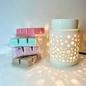 Kizma Company Natural Soy Wax Melts Gift Set, 2.5 Oz Each, Romance Rose, Refreshing Mint, Calm Down Lavender, Purify Sandalwood Scents with Ceramic Warmer