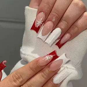 24pcs Medium Long French Press-On Nails, Snowflake Design, Full Coverage Acrylic False Nails, Christmas Series for Women and Girls