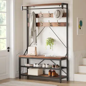Garvee Coat Rack Shoe Bench 72 in Tall Hall Tree Shoe Rack with Storage Shelf and Hooks for Entryway Removable Industrial Accent Furniture Metal Frame (Brown)