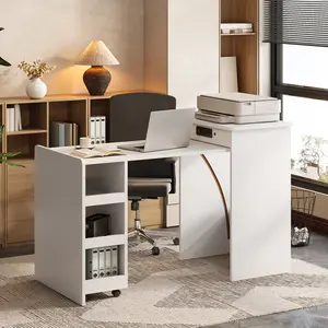 White Office Desk with Light, 52" Computer Desk with Storage Foldable Desks for Small Spaces Gaming Desk Mobile Writing Work Desk with Wheels,Makeup Vanity Adjustable Height Chair