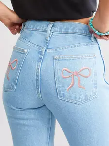Women's Bowknot Bell Bottom Flare Jeans Stretchy High Waisted Denim Pants
