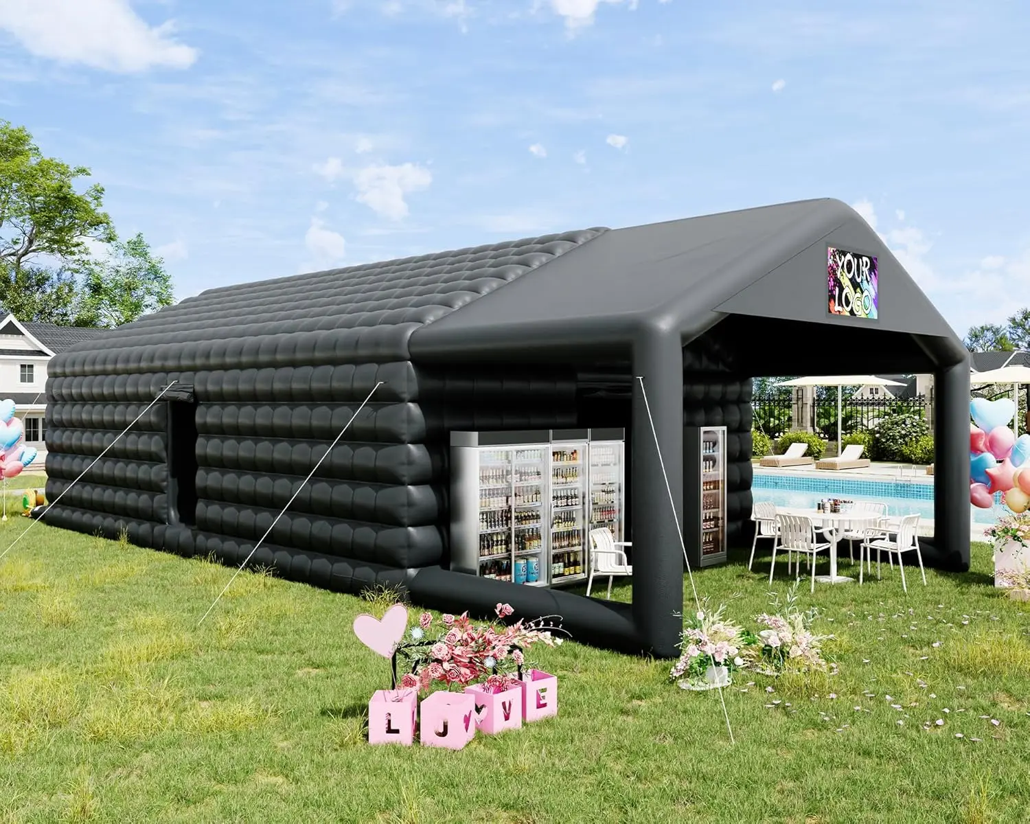 Albott 39x20x14 FT Large Black Inflatable Nightclub Tent for Adults with Pavilion Rest Area, Black Inflatable Night Club Gazebo with 2 Side Doors & Logo Area for Birthday, Wedding, Backyard Events