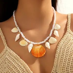Pearl Seashell Layered Necklace - Trendy White Freshwater Pearl Choker with Real Shells & Large Orange Scallop Pendant, Lightweight Adjustable Gold Chain Jewelry for Women, Perfect for Summer Beach Vacation Daily Outfits & Coastal Boho Looks