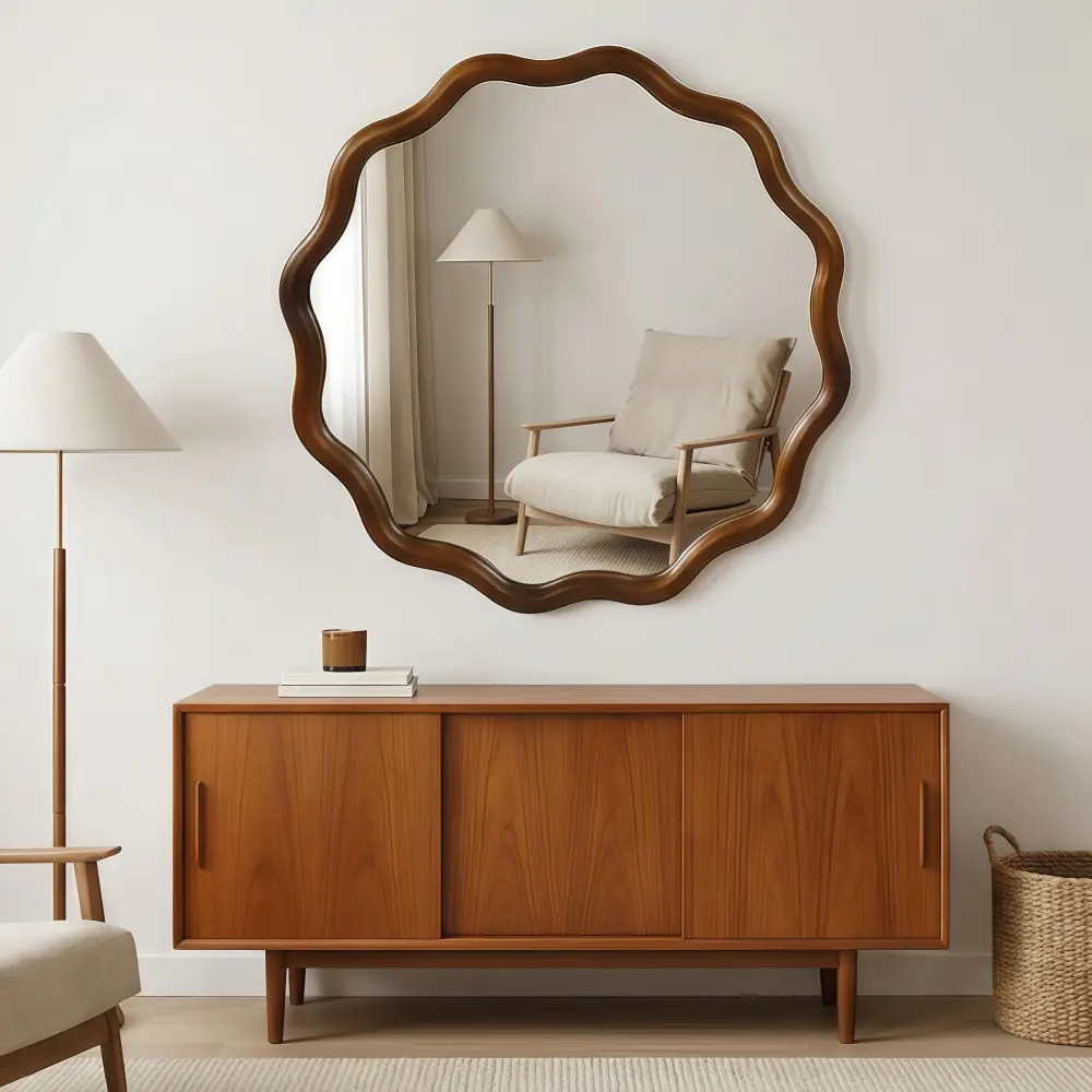 36-in Elegant Black Walnut Color Wavy Round Solid Wood Wall Mirror - Vanity Reflection Mirror with Float Design, Glass Panel, Easy Installation for Bedroom, Living Room