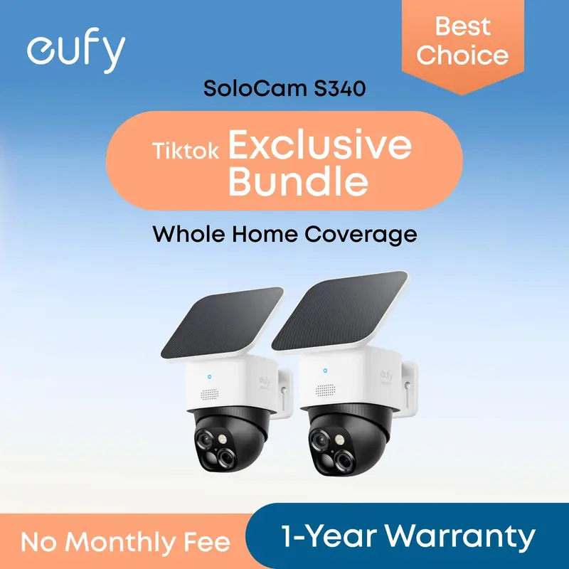 [Exclusive Bundle] eufy SoloCam S340, 360° Pan & Tilt Solar Security Camera 2.4 GHz Wi-Fi No Monthly Fee HomeBase S380 Compatible - Ai Auto Lock And Tracking