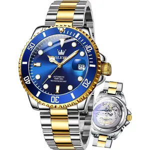 OLEVS Men's Automatic Watches,Self Winding Watches Mechanical for Men,Gold Silver Stainless Steel Men Watch,Luxury Big Face No Battery Dress Reloj de Hombres Date Waterproof Rotating Bezel Luminous
