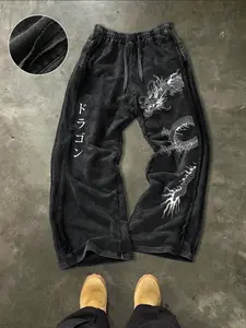 Men's Casual Loose Cotton Sport Pants, Dragon Print, Drawstring Waist, All Seasons, Street Style, Ideal for Daily Wear and Gifts, Casual Sporty Trousers