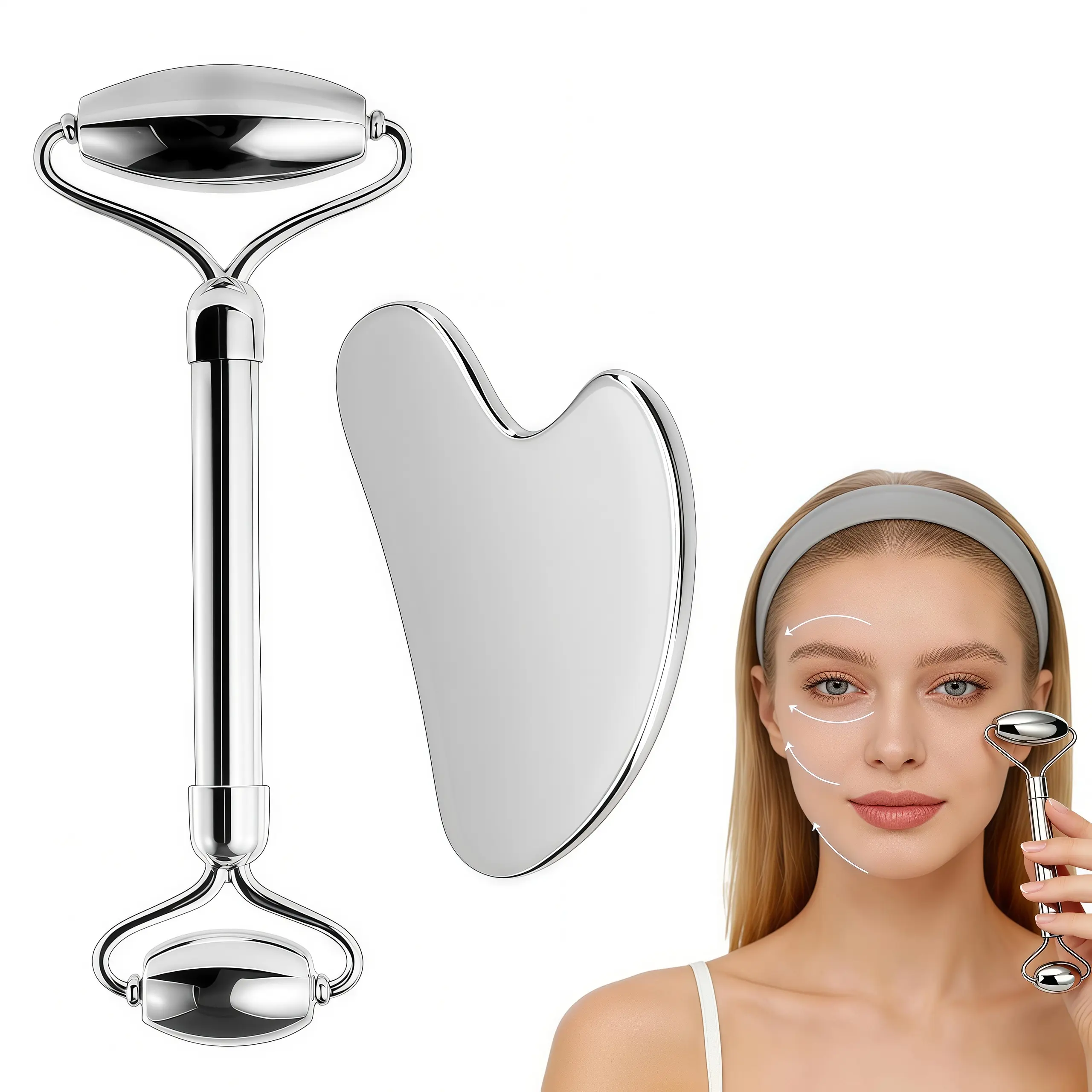 LMMAKE 1SET 304 Stainless Steel Facial Roller & Gua Sha Kit, Facial Tools for Face & Body to Relieve Facial Tension