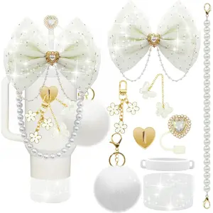 Bling Stanley Cup Accessories for 40/30/20 oz Tumbler with Handle Including Glitter Bow Straw Topper, Heart Straw Cover, Pearl Water Bottle Handle Strap, Boot, Pom-Pom, Keychain Charms(White)