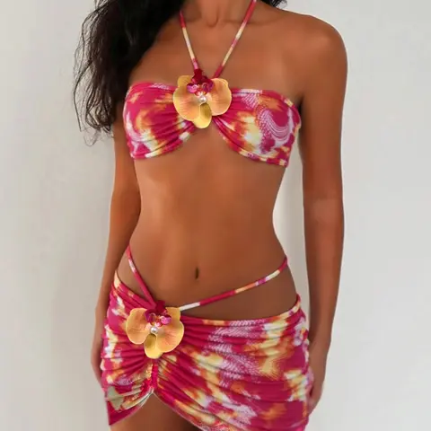 Women's Push-Up Bikini Top Set with Floral Print, Sexy Sleeveless Skirt Swimsuit, All Seasons Vacation Style, Three-Piece Bathing Suit, Floral Swimsuits, Flower Bikini Set, Skirted Bathing Suits, Seductive Swimwear Set