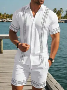 Mexican Guayabera Style Hawaiian Set, Soft Skin-Friendly Material, Collared Blouse & Drawstring Shorts, Beach Vacation, Daily