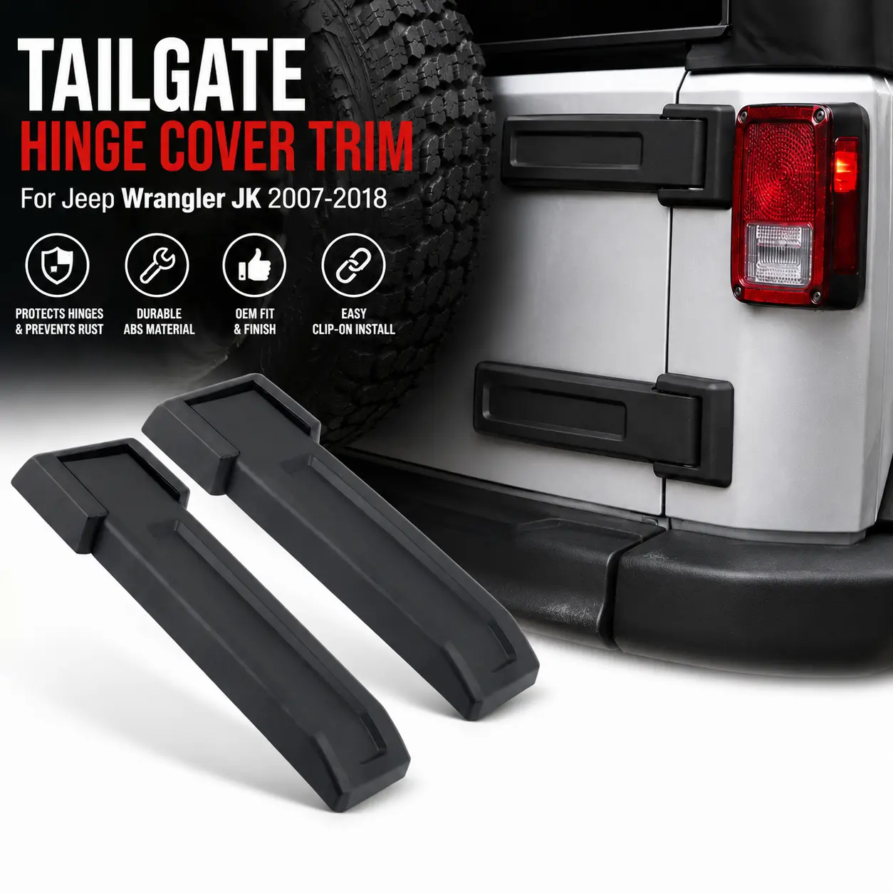 Tailgate Hinge Cover Trim for Jeep Wrangler JK 2007-2018 | 55397091AC Clip-On ABS Hinge Protector | Easy Install OEM Style Upgrade
