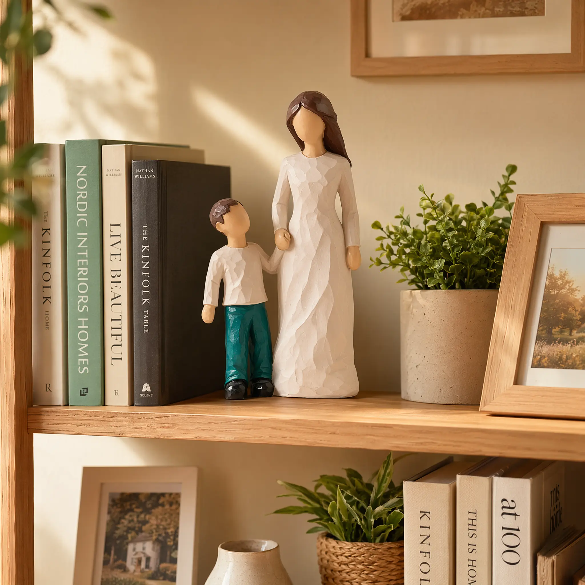 Mother Son Walking Resin Figurine, Hand Carved Mom Statue Keepsake, Warm Family Tabletop Decor Ornament Gift for Single Mom Mother’s Day Birthday Housewarming meaningful Gift